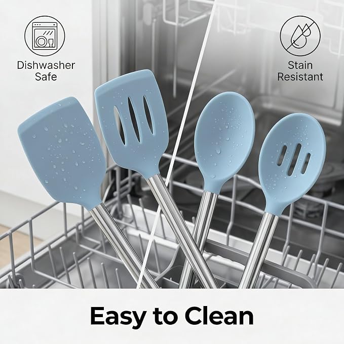 Vayvnt Silicone Cooking Utensils Set, Heat Resistant Spatula Spoon, Blue | 4PCS, Kitchen Utensils for Non Stick Cookware, Hanging Hole, Easy Cleaning Cooking Tools, Metal Long Handle, Dishwasher Safe