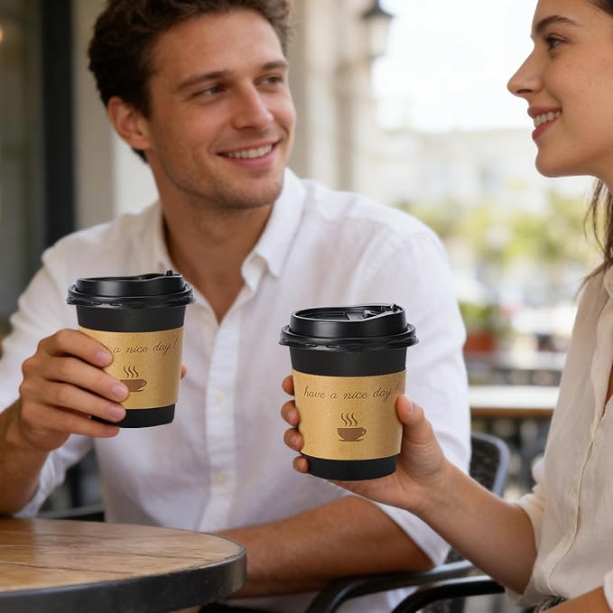 Lamosi 100 Pack 10 oz Coffee Cups, Disposable To Go Paper Cups with Lid | Hot Insulated Cups with Lids, Stir Sticks and Sleeves for Cold Drinks, Tea and Latte, Cafe, Travel and Home Use
