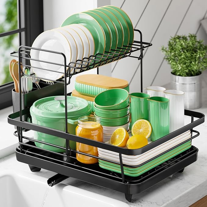 Kitsure Dish Drying Rack for Kitchen Counter, 12''W x 15.5''L, 2-Tiers | Stainless Steel Sink Organization, Cutlery Holder, Home and Appartment Decor Black