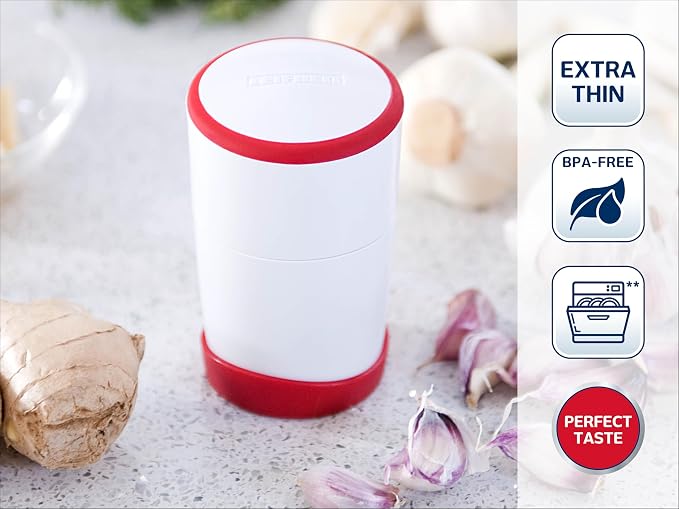 Leifheit Gourmet Garlic Slicer, Stainless Steel Blades, ABS Plastic Body, Twist-to-Slice Design, Safe for Garlic, Ginger, Cheese, Chocolate, Dishwasher Safe, German Quality, White/Red