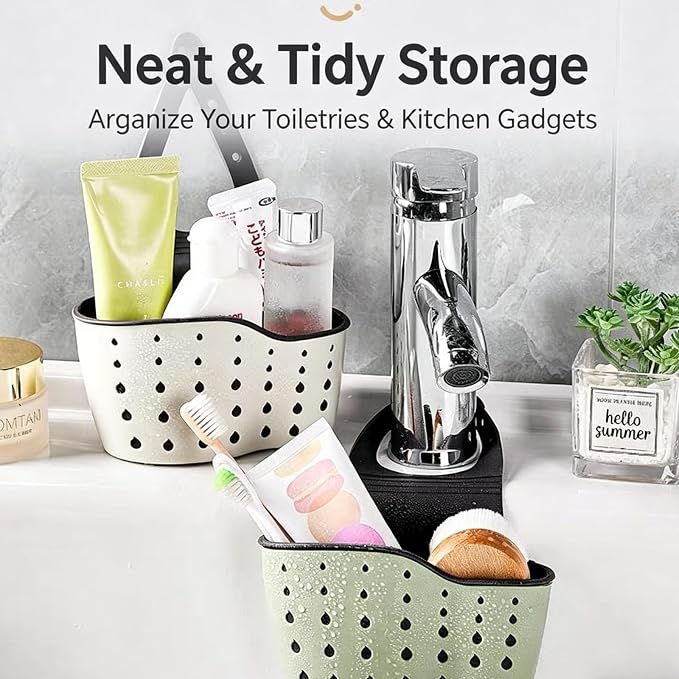 Kitchen sink storage shelf, hanging sink organizer, adjustable, removable, with drainage holes for easy drying (2 Pack)