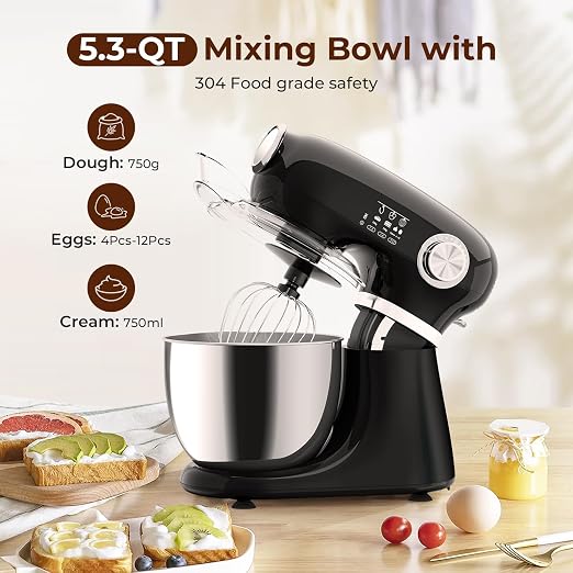 Electactic 5.3 Quart Electric Stand Mixer With 12 Speed, Low Noise | Electric Mixer With Tilt Head, Kitchen Mixer for Daily Use with Egg Whisk, Dough Hook, Flat Beater, Anti-slip Suction Cup