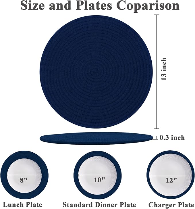 Round Placemats Set of 6, Cotton Rope Woven Table Mats, Hot Pads for Kitchen, Non Slip Heat Resistant Place Mats, 13 Inches Braided Placemat for Farmhouse Decor and Kitchen Table Decor (Navy Blue)