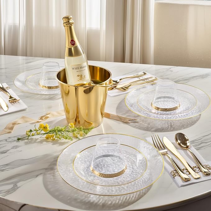 DaYammi 175PCS Clear Gold Plastic Dinnerware Set, Plastic Plates Disposable Hammered Disposable Plates for Party, Include: 25 Dinner Plates 25 Dessert Plates 75 Gold Silverware 25 Napkins 25 Cups