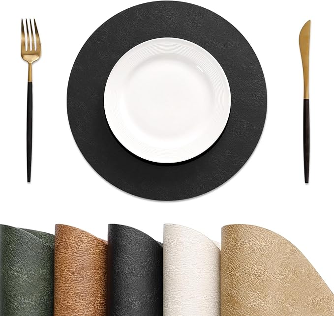 MOSAYT 13 Inch Round Vinyl Placemats Set of 8 - Faux Leather 100% Waterproof Oil-Proof Wipeable PU Place Mats, Heat Resistant Reversible Table Mats for Kitchen, Dining, Outdoor, Black