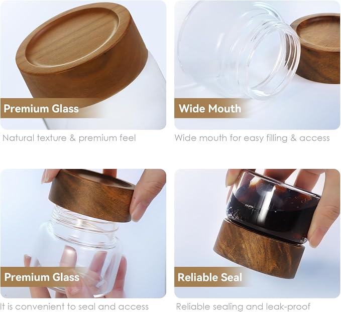 2-Pack 4 fl oz Leakproof Mason Jars with Acacia Wood Lids | Small Glass Food Storage Containers / Overnight Oats / Spices / Snacks / Kitchen Pantry Organization