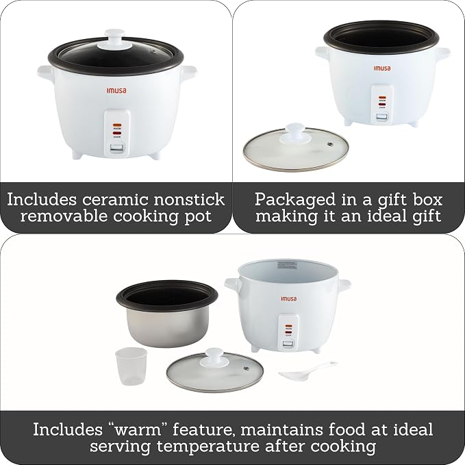 IMUSA 3 Cup Electric Ceramic Rice Cooker, White | For Rice Quinoa Oatmeal Stew, Compact for Dorms RVs Small Kitchens