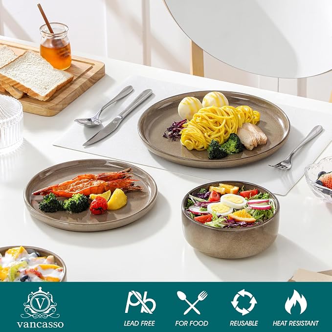 vancasso PLAYA Plates and Bowls Sets, 24 Pieces Dark Brown Dinnerware Sets for Kitchen, Reactive Glaze Dishes Set for 8, Dishwasher and Microwave Safe