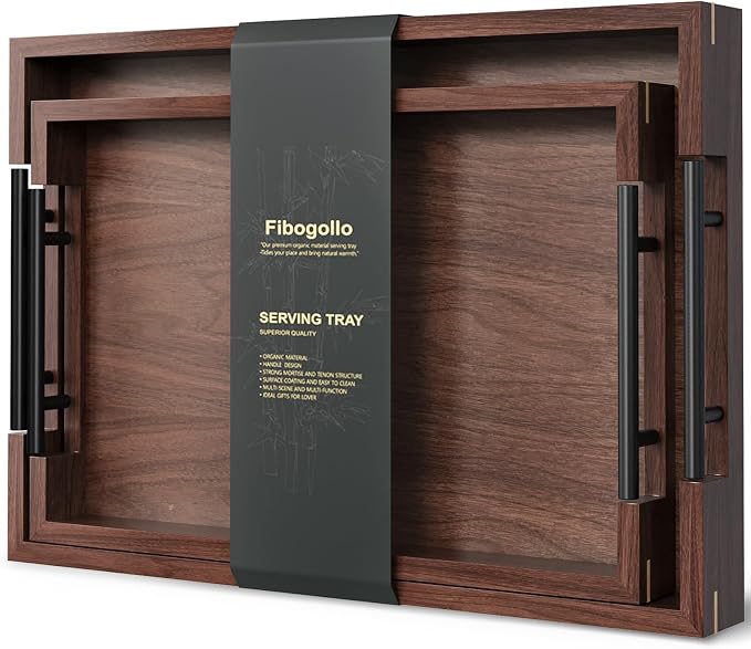 Fibogollo Set of 2 Walnut Wood Serving Trays with Metal Handles | Ottoman Decorative Trays Platter for Coffee Table,Living Room,Bar,Party,Holiday Hosting and Outdoor Entertaining