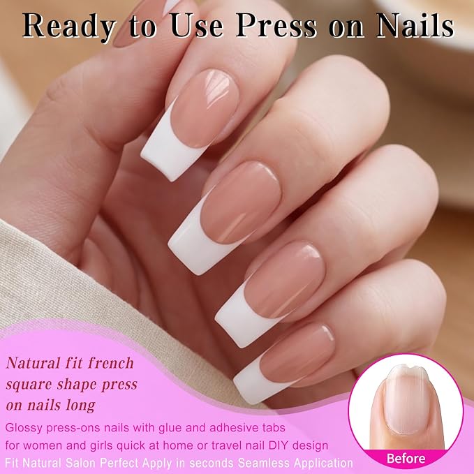240pc White French Tip Press on Nails Medium Square Acrylic Nail, Coffee Press ons Fake Nails with Glue & Tabs, 12 Sizes Glue on Nails Medium Press-on Nail Square Stick on Nail for Women Girls