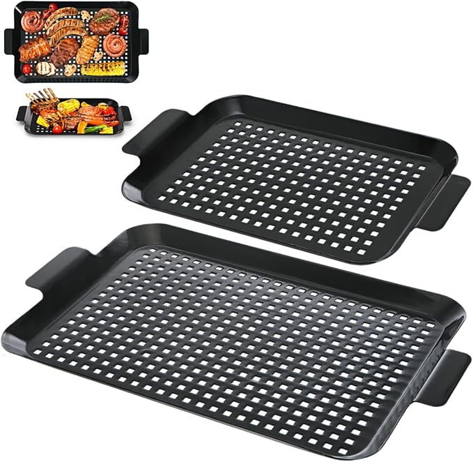 Covzoe 2 Pack Grill Pans, Nonstick Grill Topper for Outdoor Grill, BBQ Grilling Baskets with Perforated Bottom, Heavy Duty Carbon Steel Grill Grid for Cooking Camping, 16.5" x 10" and 13" x 7.4"