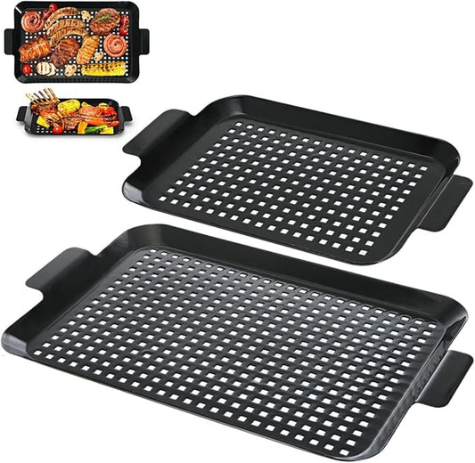 Covzoe 2 Pack Grill Pans, Nonstick Grill Topper for Outdoor Grill, BBQ Grilling Baskets with Perforated Bottom, Heavy Duty Carbon Steel Grill Grid for Cooking Camping, 16.5" x 10" and 13" x 7.4"