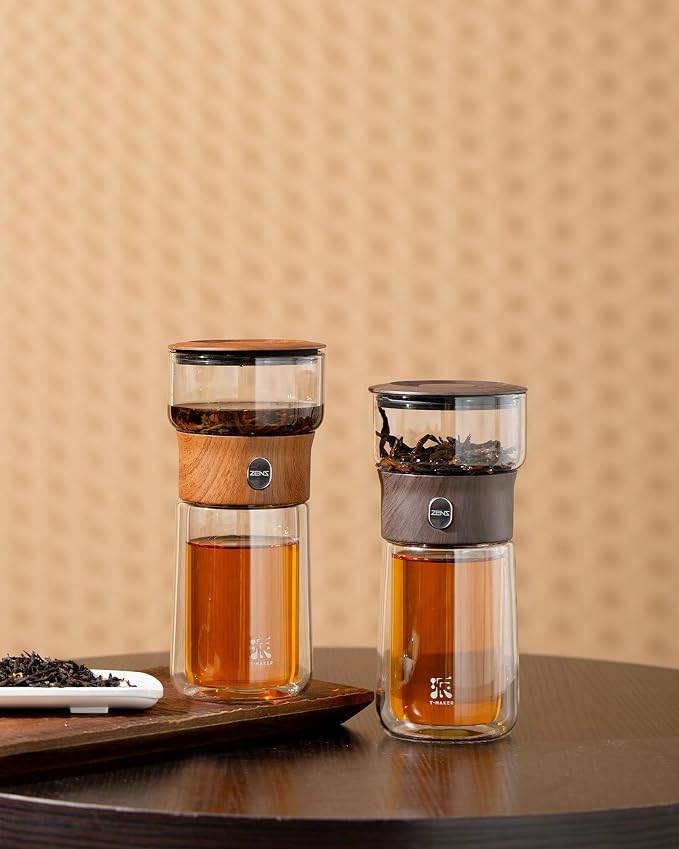 ZENS Glass Infuser Teapot, One Touch Tea Maker for Loose Leaf Tea, Walnut | Modern Tea Diffusers, Magic Tea Pot with 9oz Insulated Mug and Portable Bag for Tea Lovers Gifts