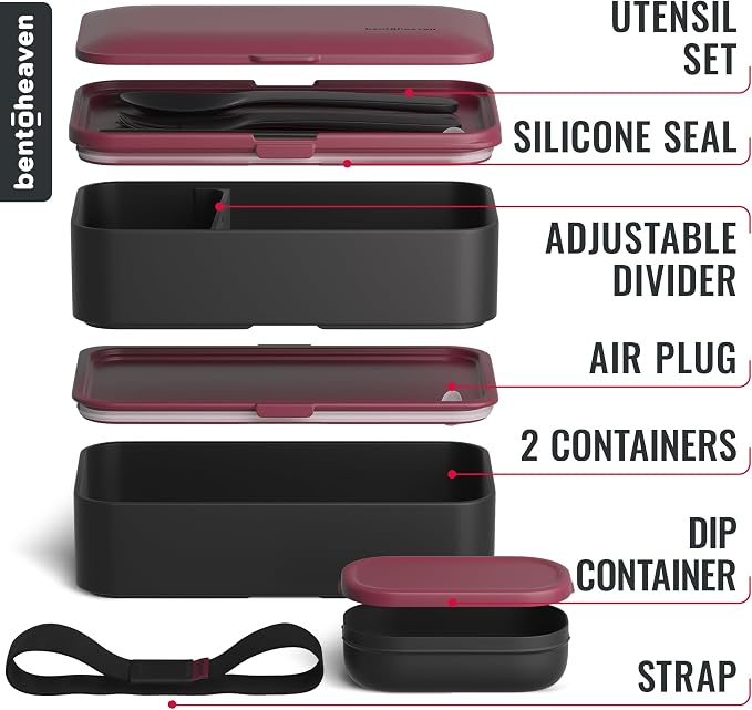 Bentoheaven Bento Box Adult, Stackable Lunch Box, 40 oz, Very Berry | BPA-free, leakproof and microwave-safe with 2 compartments, utensils, chopsticks, divider and sauce cup for men and women.