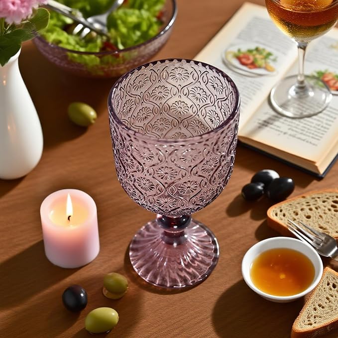 Purple pink Wine Glasses set of 6, 14 oz Purple pink Goblets Glassware (not painted or coated), Colored Vintage Glassware for Weddings, Parties, Restaurants, Bars, Cafeterias, Dishwasher Safe