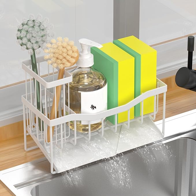 Fssvcd Maifan Sink Caddy Sponge Holder for Kitchen with Brush Holder and Stainless Steel Self Drain Tray, Rustproof Kitchen Sink Organizer for Sponge, Soap Dispenser Storage Accessories