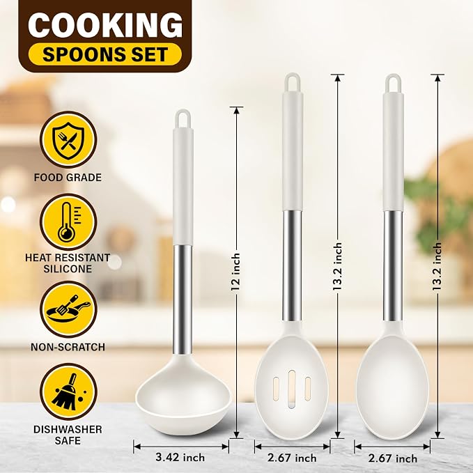3Pcs Silicone Cooking Spoon Set, Kitchen Utensils Include Solid & Slotted Spoon, Soup Ladle, Food-Grade Heat Resistant 446°F, Non-Scratch Spoons for Serving, Stirring, Draining, Dishwasher Safe, Beige