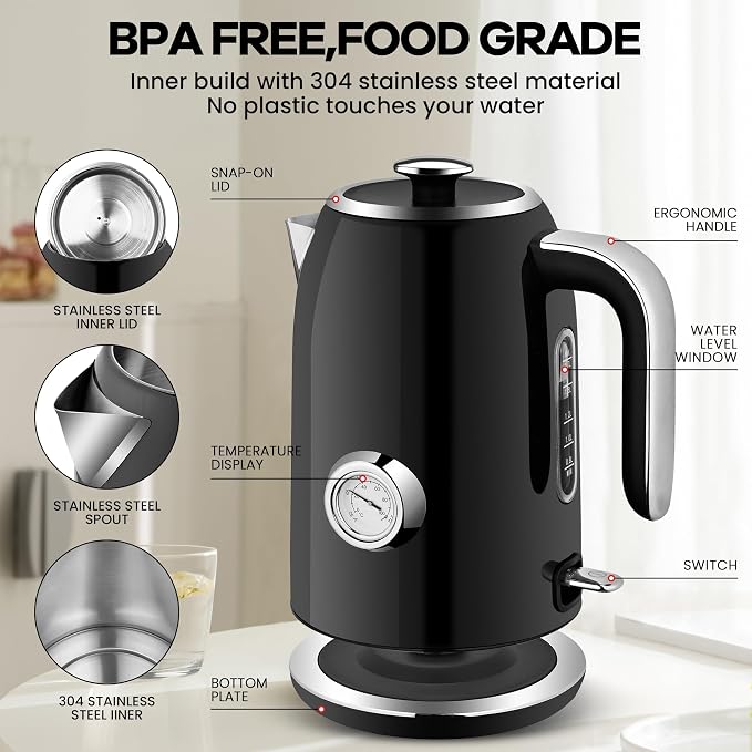 PUKOMC Electric Kettle, 1.7L Stainless Steel Electric tea kettle | Temperature Gauge, Fast Boiling, Auto Shut - off, BPA - Free, Boil - Dry Protection 1500W, LED Light, Easy clean