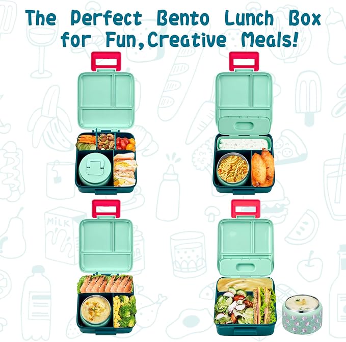 JXXM Bento Lunch Box for Kids with 8oz Soup Thermo,Leak-Proof Lunch Containers with 5 Compartment,Thermo Food Jar Food Containers for School (Blue-Unicorn)