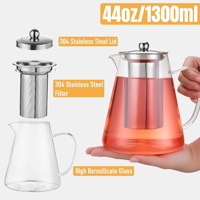 Baalaka Teapot with Infuser, 44 oz Borosilicate Glass Kettle, Stovetop | Removable 18/8 stainless steel strainer filters loose leaf, fruit and herbal blends; wide mouth and angled spout ease use