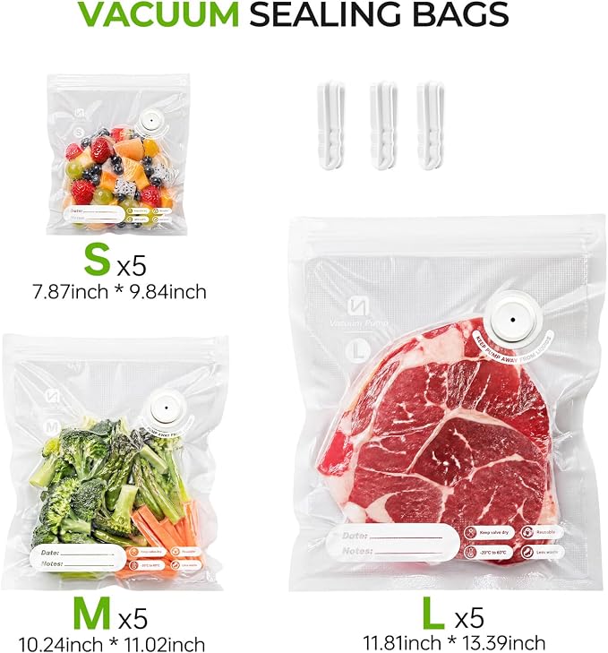 ShinePick Vacuum Sealer Bags for Food, Reusable Bags with Air Valve, Vacuum Bags for Food Saver, BPA-Free, Great for Storage, Meal Prep and Sous Vide (5L & 5M & 5S)