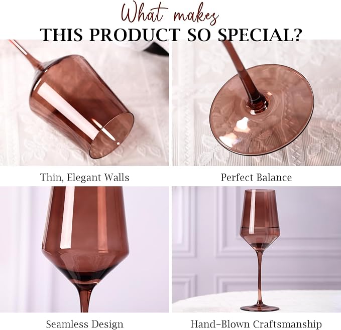 comfit Venus Wine Glasses Set of 6-14oz [Hand-Blown] Maillard-Inspired Amber & Espresso Stemware, Brown Crystal Wine Glasses, Birthday Wedding Housewarming Valentine's Day Gifts