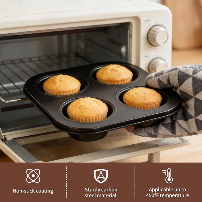 2 Pack 4-Cup 6/12/24/48 Cups Round Muffin Pan, Heavy-Duty Carbon Steel Nonstick Cupcake Baking Pan, 2.56” Standard Size Cups, Compact 7.28” Square Design, Oven & Dishwasher Safe