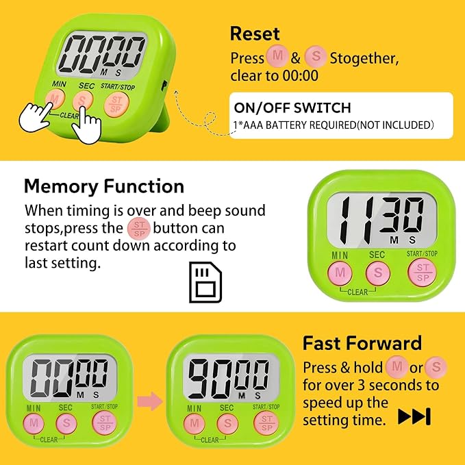 12 Pack Digital Kitchen Timers for Cooking, Loud Alarm Large LCD Display Magnetic Classroom Timers for Teachers Kids, Extensively Use in Classroom, Cooking, Meeting, Gym