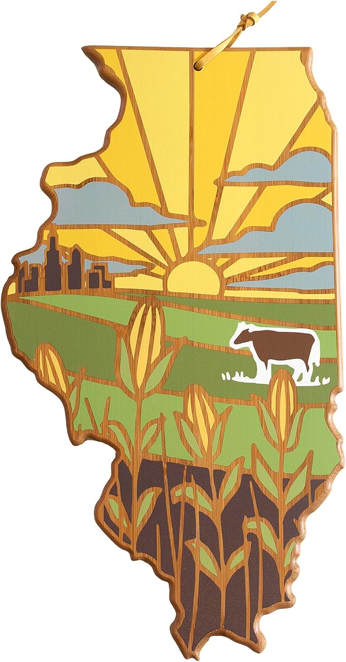 Totally Bamboo Illinois State Shaped Cutting Board, Summer Stokes Art | State charcuterie board with colorful hand-drawn landscape art. Smooth reverse side for food prep. Hang tie for wall display.