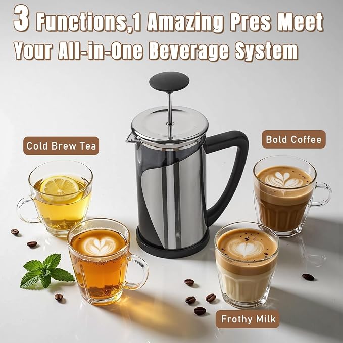 KYZ Glass French Press Coffee Maker, 20 fl oz Carafe, Stainless Steel Mesh | Four-stage filtration filters grounds; borosilicate glass handles -20°C to 150°C for coffee, cold brew and loose leaf tea
