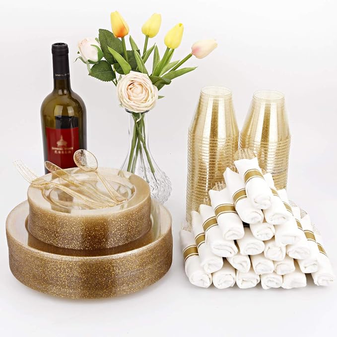 DaYammi 350Pcs Gold Glitter Dinnerware Set 50 Guest for Party Gold Plates Disposable - 50 Dinner Plate,50 Dessert Plate,50 Per Rolled Napkins with Gold Cutlery,50 Plastic Cups 9 OZ for Party Wedding