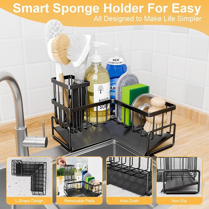 TEAMOLA Kitchen L-Shaped Sponge Holder - Large Metal Sponge Sink Caddy | Black Metal Corner Sponge Caddy, Sloped Drain Tray for Sink, Kitchen Countertop Organizer Holds Soap Brush Sponge Non-Slip