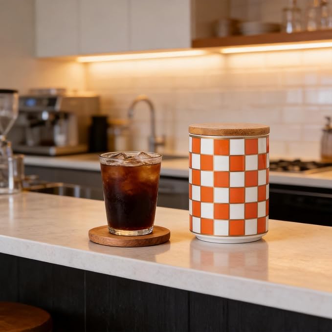Kitchen Countertop Ceramic Checkered Canisters,Black And White Food Storage Containers With Lid,Airtight Kitchen Canisters for Flour, Sugar, Coffee, Tea, and Dry Goods (Orange, Small)