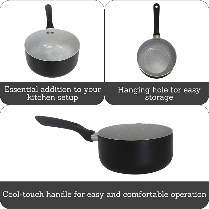 IMUSA 2 Qt Premier Cera Aluminum Gray Speckled Ceramic Saucepan, Black | Ceramic Nonstick, Glass Lid with Helper Handle, Deep Sauté Pan, Ideal for Family Cooking
