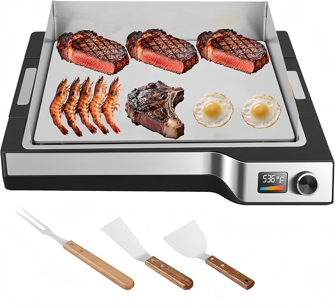 Electric Griddle, 14" Indoor Grill, Spatula & Fork Included | 536°F Max Temp, 5mm Stainless Steel Plates, Nonstick Flat Top Grill, Dishwasher-Safe