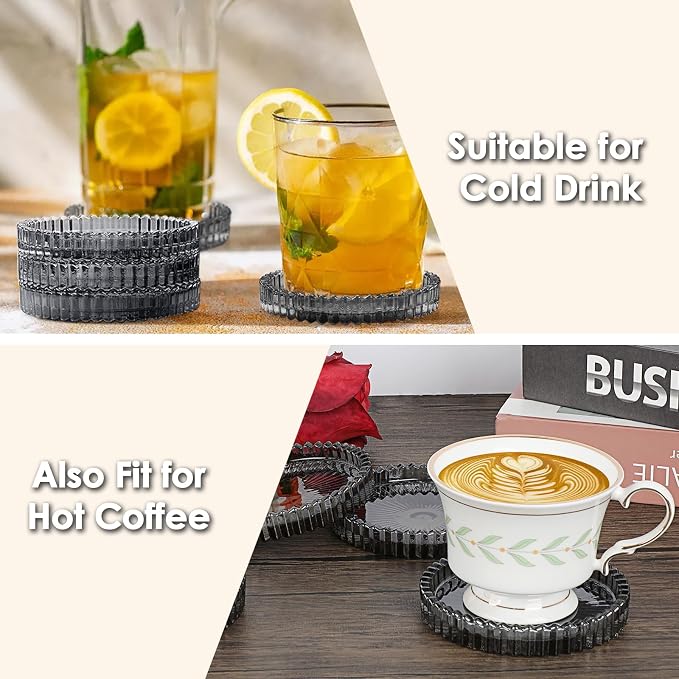 Modern Clear Coaster Set of 5- Glass Coasters for Drinks, Clear Black | Crystal Coasters Round Cup Mat Coffee Table Decor for Office, Kitchen, Bar, Dining Room, Living Room, Patio