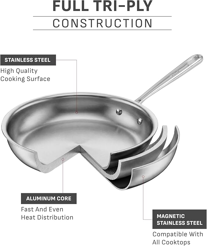 T-Fal Pro Tri-Ply Stainless Steel 2 qt Saucepan with Lid, Induction Pot | NSF-certified tri-ply build, Glass lid traps heat, Oven safe to 500 °F, Built-in measuring marks, All cooktops compatible
