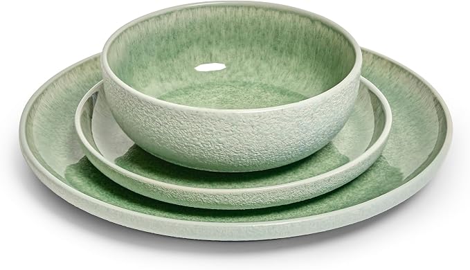 Sango Asher 12-Piece Stoneware Dinnerware Set for 4, Green Ceramic Plates and Bowls Sets, Modern Dish Set with Reactive Glaze, Durable Kitchen Dishes for Casual Dining, Microwave & Dishwasher Safe