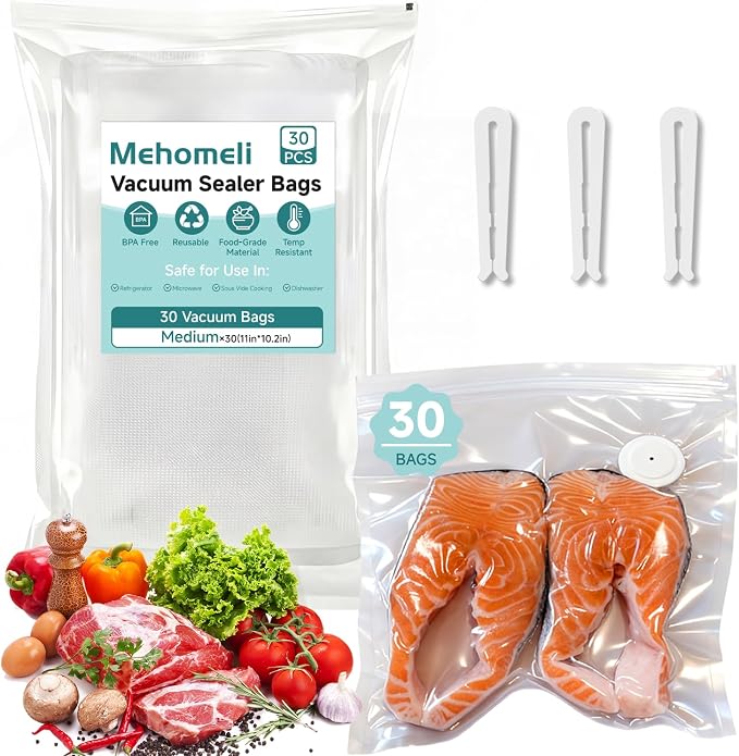 Mehomeli Reusable Vacuum Sealer Bags, 30 Medium Bags, 11in × 10.2in | BPA-free, Freezer and microwave safe, Leak-proof and odor-resistant, Compatible with most handheld vacuum sealers