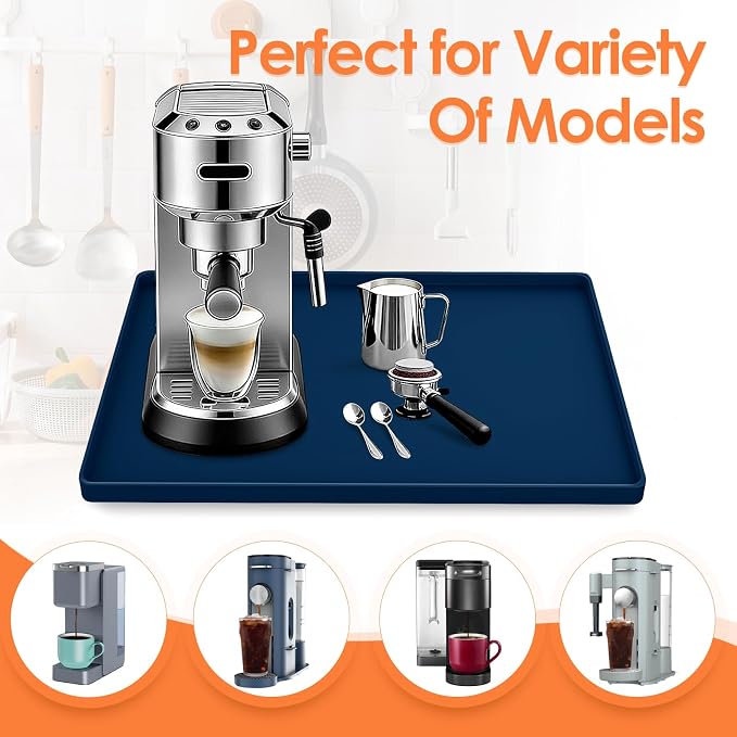 Silicone Coffee Maker Mat with Lip for Countertops, 15.7''x11.8'' Navy Blue | Multi leak-proof coffee tray for countertop, non-slip silicone mat fits most coffee makers & espresso machines, wipe-clean
