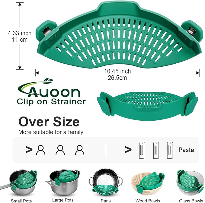 AUOON Pot Strainer Clip on Silicone, Large 10.45 x 4.33 in, Sea Blue | Fits Pots Pans Bowls, Dishwasher Safe, for Pasta Noodles Vegetable Fruits, Space-saving Kitchen Gadget