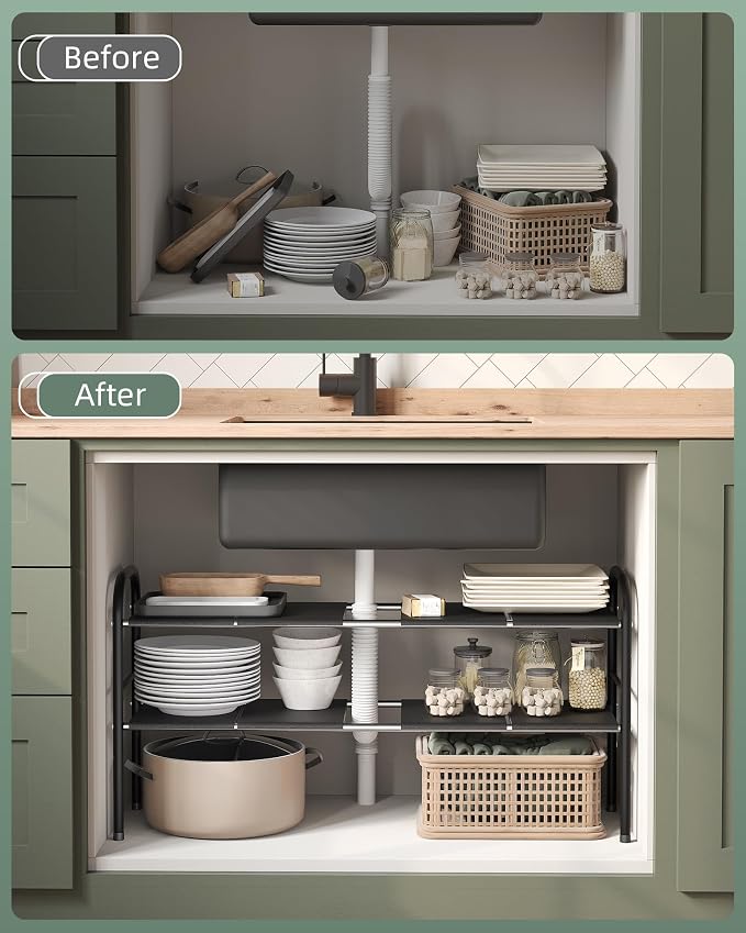 Under Sink Organizers and Storage,Expandable under cabinet organizer Shelf | 2 tier expandable shelf for kitchen and bathroom,shoe rack,8 Removable ABS Panels,Adjustable partition height,20.6-32.2" W