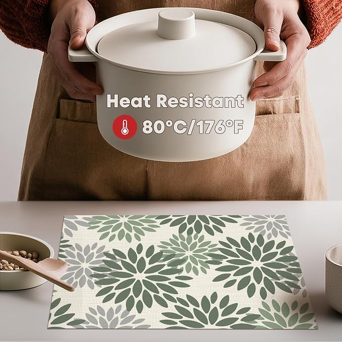 Artoid Mode Floral Vinyl Placemats Set of 4, 12x18 Inch Thanksgiving Washable Non-Slip Plastic Vinyl Place Mats for Party Kitchen Dining Decor, Olive Green