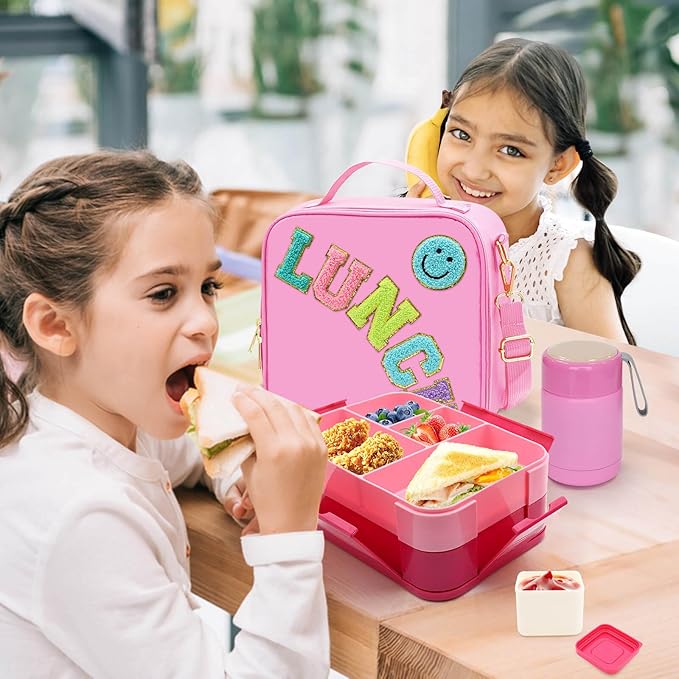 PainZieteg Pink Lunch Box for Girl with 10oz Thermo 6 Compartment Bento Set | Nylon Insulated Lunch Bag with Adjustable Strap, Ideal for Kids and Teens School, Travel and Picnic, Leakproof Thermal Pouch