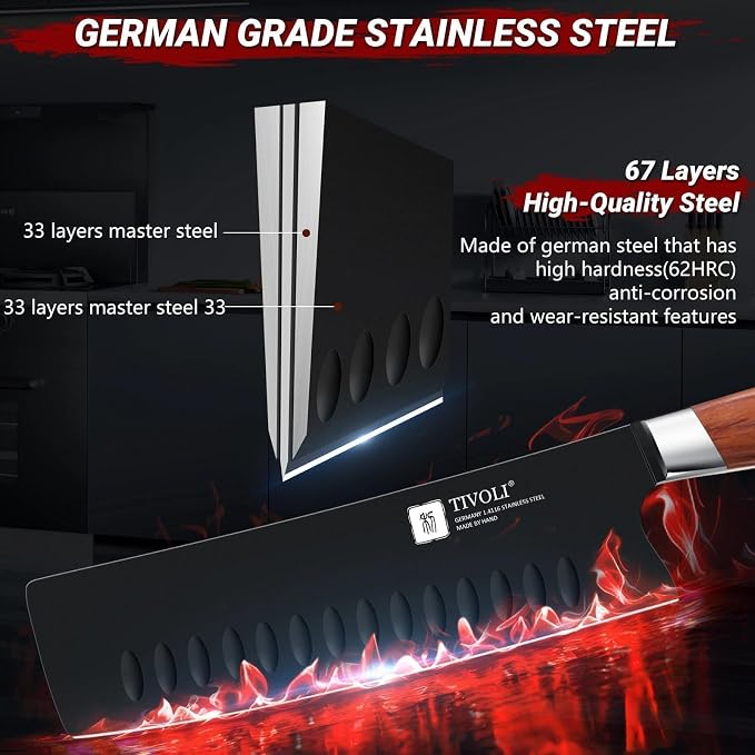 TIVOLI 3 PCS Kitchen Knife Set - Black Blade Rustproof Coating | German High Carbon Stainless Steel, Full Tang Ergonomic Wood Handle, Gift Box, Stain Resistant & Easy to Clean, for Cooking