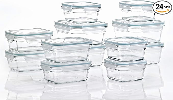 Glasslock Ring Taper 24 Piece Set Stackable Oven Microwave Safe Glass Food Storage Containers with Airtight Latching Lids,Clear | Stackable, Oven Microwave Safe, Airtight Latching Lids, Clear
