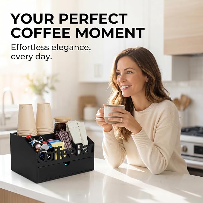 Coffee Bar Organizer Countertop, Wooden Coffee Station with Black Drawer | Coffee Pods, Tea Bags, Creamers & Condiments