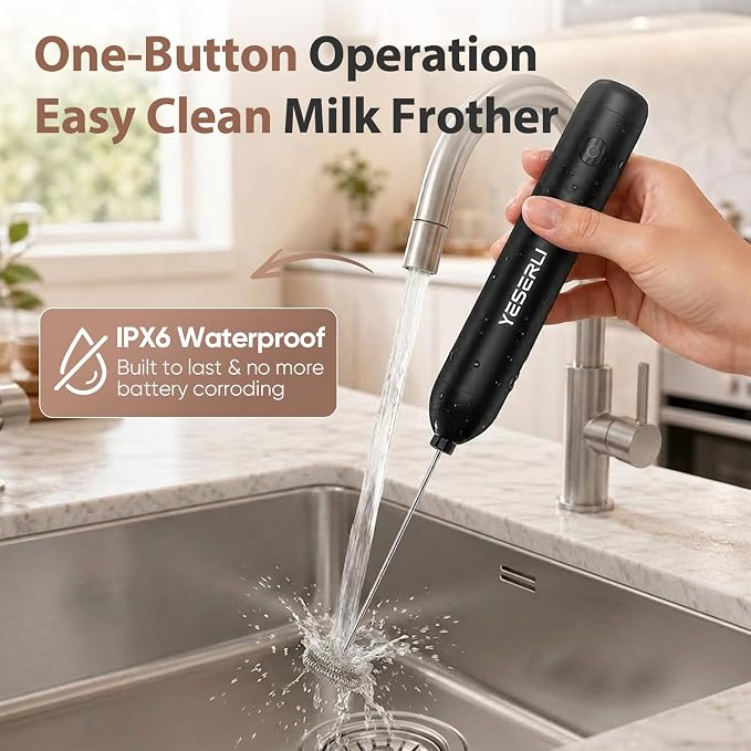 Rechargeable Milk Frother Handheld-2000mAh Battery | Frother Wand with Dual Detachable Whisk Heads, 2 Speeds, IPX6 Waterproof Drink Mixer & Stand for Latte, Cappuccino, Matcha