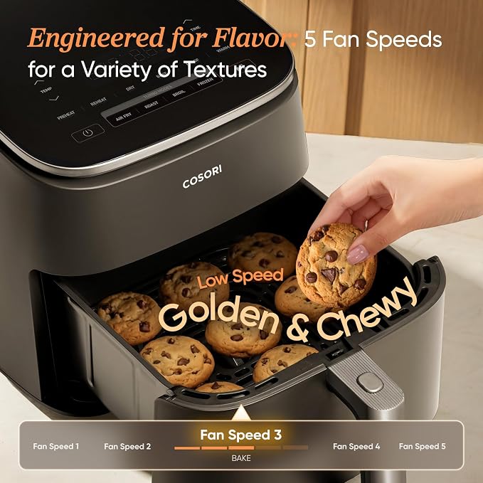 Cosori TurboBlaze Air Fryer, 9-in-1, 6 Qt, PFAS-Free Ceramic Coating | 90°–450°F, 5 Level Fan Speeds, 9 in 1 Air Fry, Roast, Bake, Broil, Dry, Frozen, Proof, Reheat, Keep Warm, Safety lock, 1725W