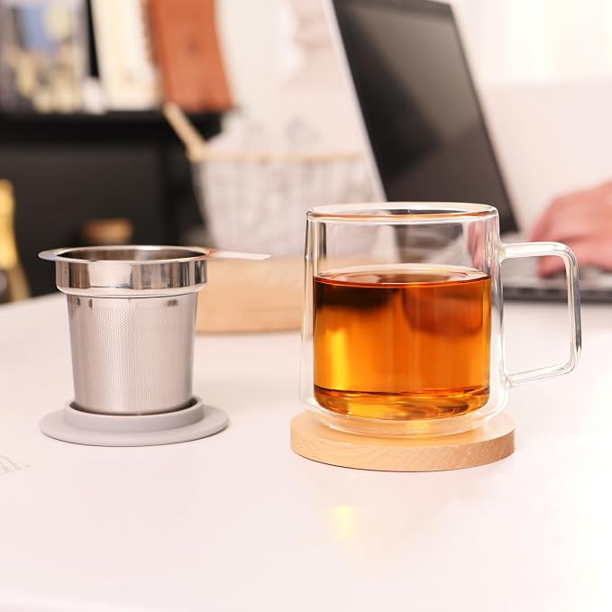 CNGLASS 12oz Double Walled Glass Tea Cup with Stainless Steel Infuser and Lid,Borosilicate Glass Tea Infuser Mug for Loose Tea,Teabag,Set of 1